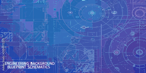 Fotografie Engineering blueprint schematics with gears and technical drawings blue tone