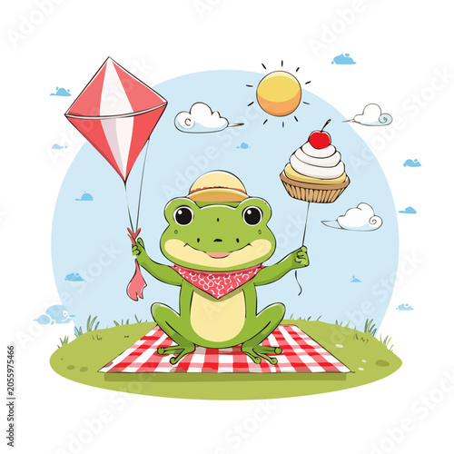 Cartoon green frog enjoying beach day