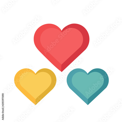 Three colorful heart shapes in flat design