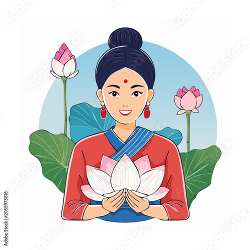 Woman holding pink flowers in red apron