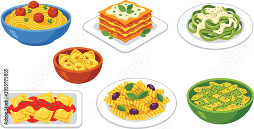 Photos Italian Pasta Food Vector Icon Set Featuring Spaghetti with Meatballs Lasagna Fe