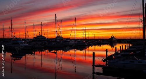 Sailboats in marina at sunset with vibrant orange sky