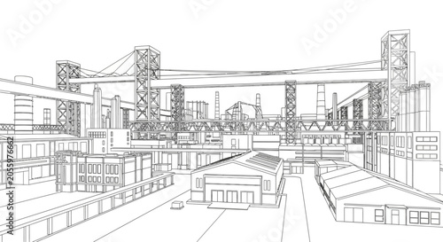 Foto Wireframe illustration of a sprawling industrial complex with buildings and structures