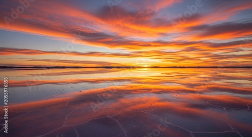 Vibrant orange sunset reflecting on water at salt flats