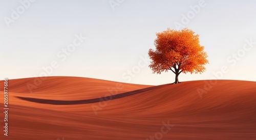 Vibrant orange tree on rolling red dunes under clear sky