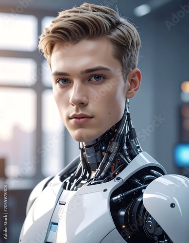 A young man with short hair wearing futuristic white robotic armor