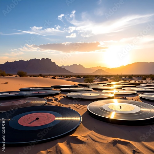 Desert landscape with scattered vinyl records at sunset