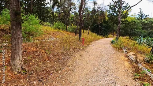 Philopappou Hill in Athens, Greece park point of view pov walking in spring summer with mediterranean landscape