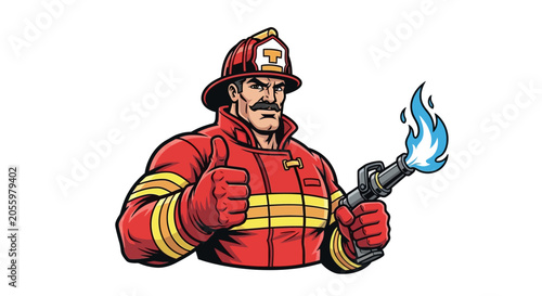 Cartoon firefighter hero in protective gear holding a hose with blue flame, giving a thumbs up, representing bravery, emergency services, and safety, ideal for illustrations and graphic design.