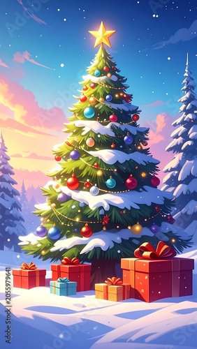 Festive Christmas tree with presents in snowy landscape