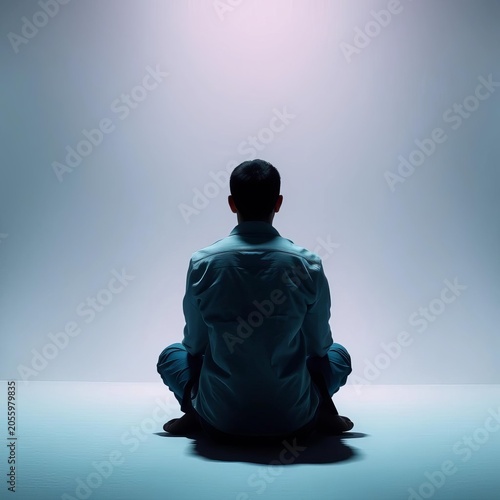 Contemplative figure sits in silence, lost in thought, quiet, isolated background