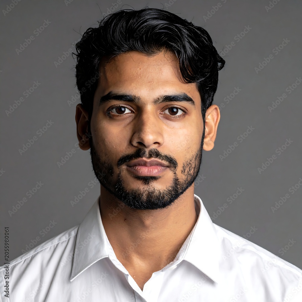 Fototapeta premium A young man with dark hair and a white shirt against a gray background