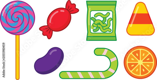Tableau sur toile Colorful Candy and Sweet Treats Vector Icon Set Featuring Lollipop Wrapped Candy