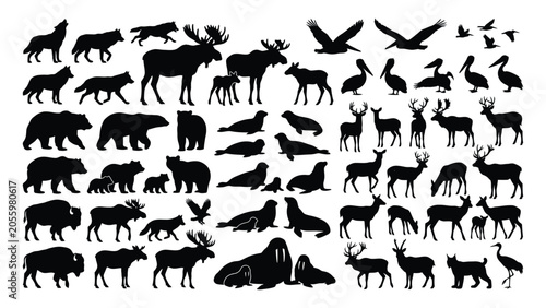 Foto Comprehensive animal silhouette set features a diverse array of woodland and marine species arranged in a structured layout