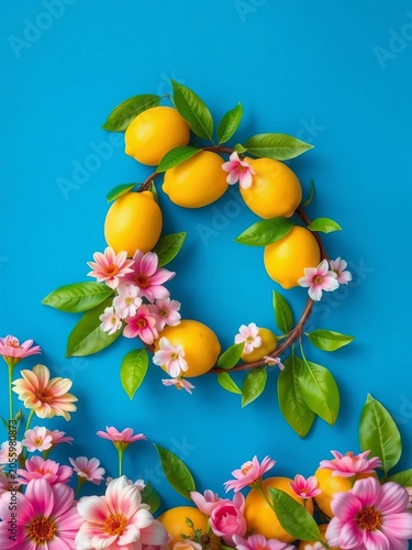Lemon fruit wreath with flowers on a blue background, illustration, floral