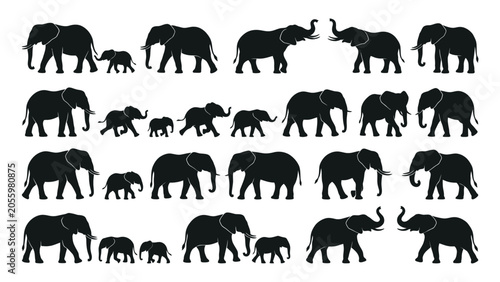 Canvas Print Elephants in various poses are displayed as a collection of black silhouettes on a white background