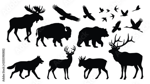 Canvas Print Forest animals presented as black silhouettes feature a gathering of woodland creatures and birds flying in an organized composition