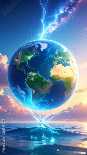 Glowing Earth with Electric Lightning Bolt.