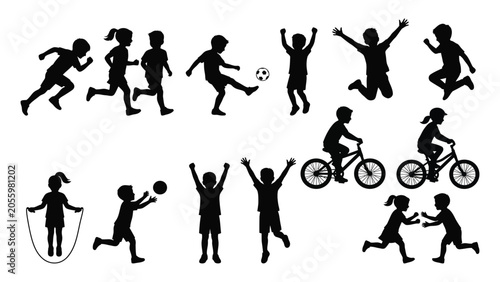 Fotografija Children silhouettes participate in various active sports and outdoor recreational activities against a plain white background