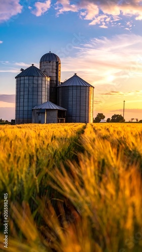 Golden wheat field at sunset with large grain storage facilities