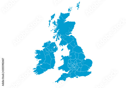 Blue United Kingdom and Ireland Map with Regional Borders