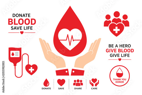 Donate save lives with red heart and cells donation poster donate save life give hero