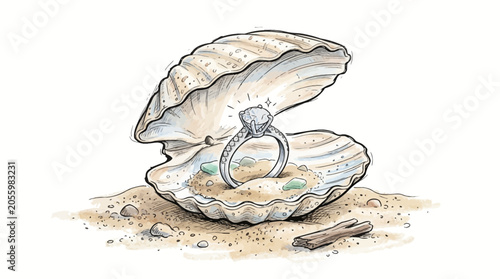 Engagement ring in seashell on sand, proposal, wedding, love, treasure