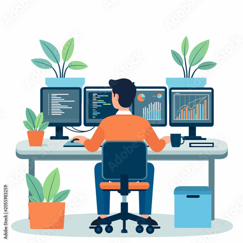 Programmer working on multiple computer screens with charts and code, home office setup