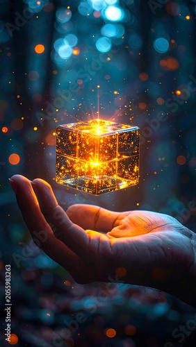 Hand holding glowing digital cube technology.