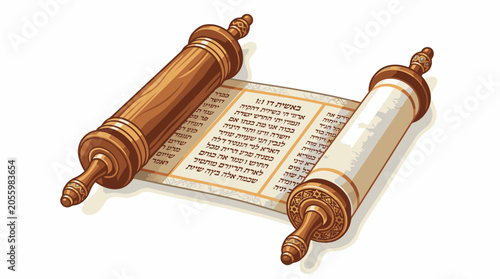 Ancient Scroll with Hebrew Text and Wooden Rollers for Religious Study.