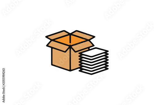 Packaging, cardboard box, stacked papers, minimal icons, business supplies