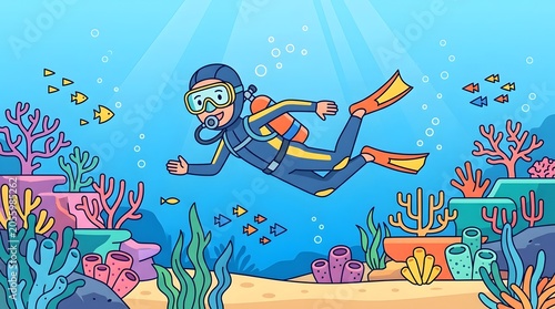 scuba diver with small fish and cheerful underwater composition