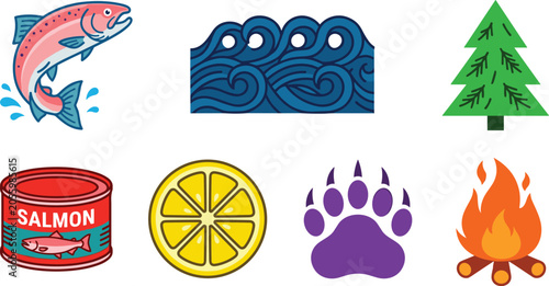 Wild Salmon Fishing and Wilderness Camping Icon Set with Leaping Fish, Ocean Waves, Pine Tree, Canned Food, Lemon, Bear Paw Print, and Bonfire Vector Illustration