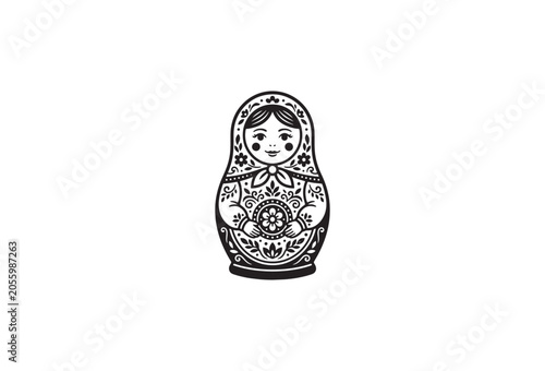Russian Matryoshka doll, traditional folk art, black and white illustration, vector icon