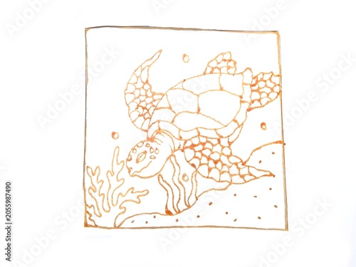 Hand Drawn Sea Turtle Line Art Illustration with Coral Reef Doodle Style