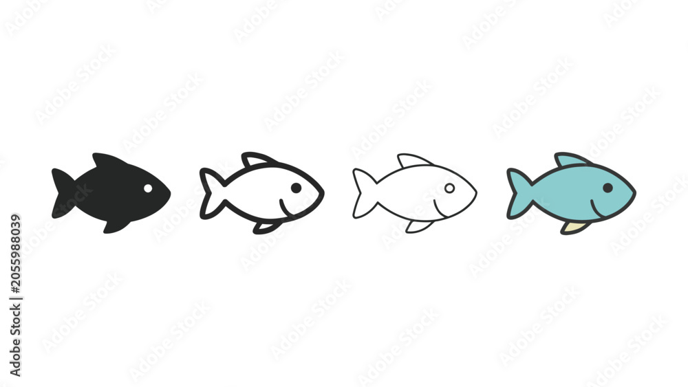 Fototapeta premium Four stylized fish icons in silhouette and outline variations with simple coloring Isolated on white background