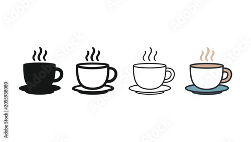 Bild auf Leinwand Hot beverage cup and saucer set with steam in various styles isolated on white b
