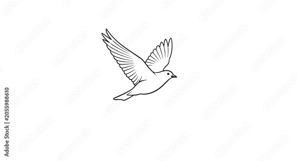 Naklejka premium Simple black and white line art drawing of a peaceful dove bird flying with its wings spread against white background.