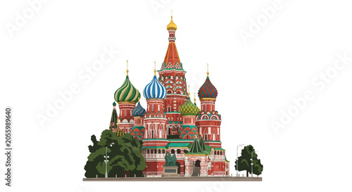 Vector illustration of Saint Basil's Cathedral in Red Square, Moscow, featuring colorful onion domes, red brick architecture, green trees, and monument isolated on white background.