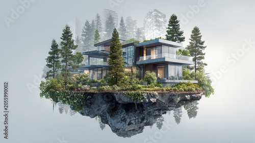 Futuristic sustainable luxury glass villa built on a floating rock island surrounded by pine forest trees