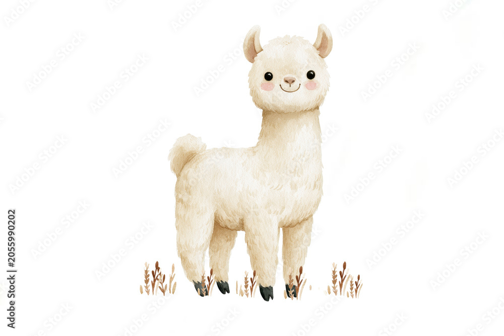 Obraz premium charming watercolor illustration of cute fluffy llama standing in field of dry wild grass