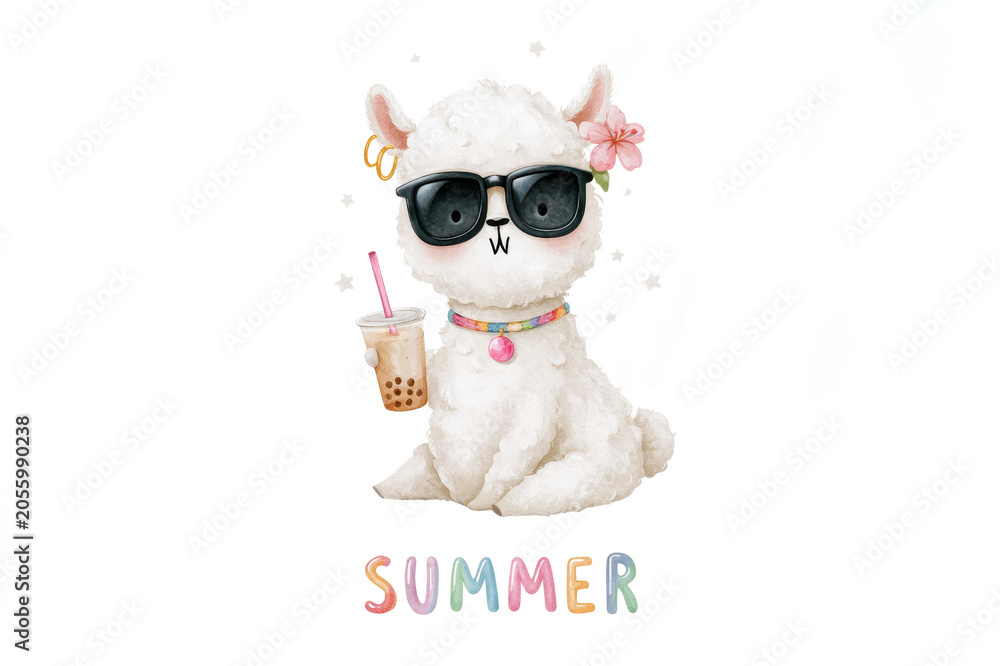 Fototapeta premium Cute white llama wearing sunglasses and holding bubble tea with flower decoration