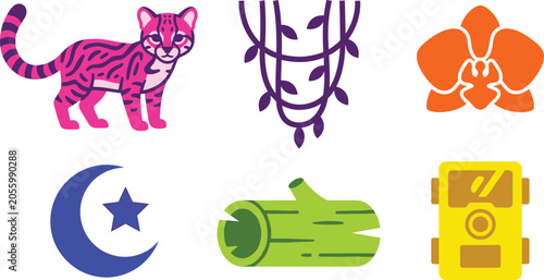 Canvas-taulu Rainforest Wildlife and Margay Cat Conservation Vector Icon Set with Vine Ropes