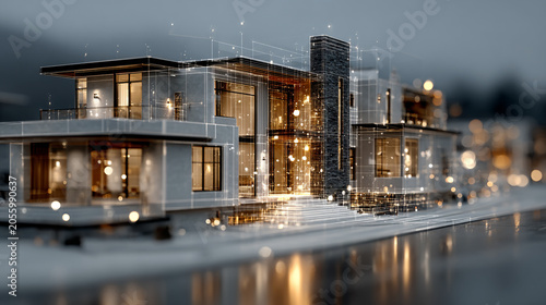 Luxury Modern Villa Architecture Design with Digital Blueprint Wireframe Overlay