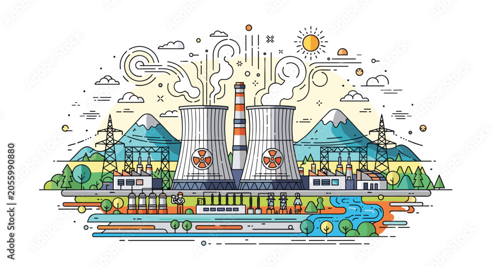 Obraz premium Detailed vector illustration of a nuclear power plant with cooling towers, electricity pylons, and mountains under a bright sun.