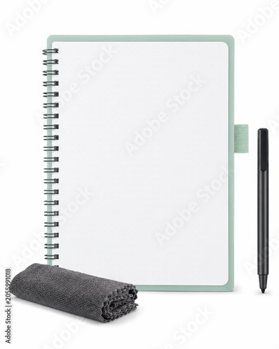 Minimal reusable erasable notebook with pen and wipe for organized desk workspace on white background