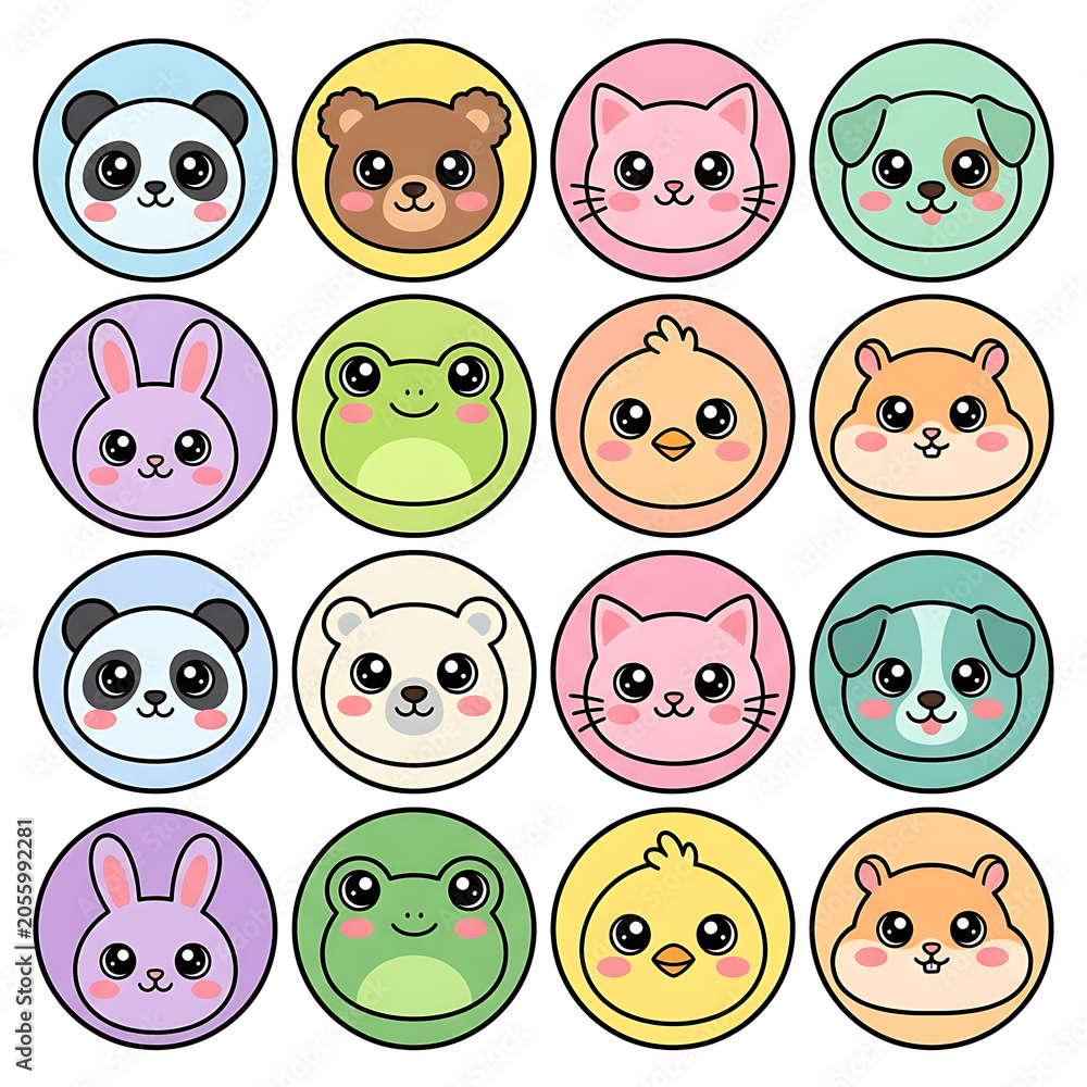 Obraz premium Cute animal faces in colorful circles on white background