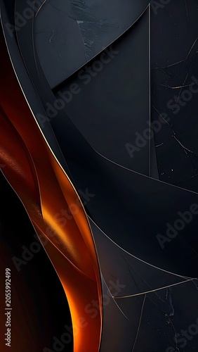 A dark abstract artwork with a glowing orange curve
