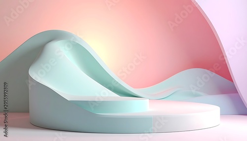A pastel-colored abstract scene with wavy shapes