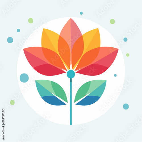 Stylized Flower Icon with Colorful Petals and Leaves